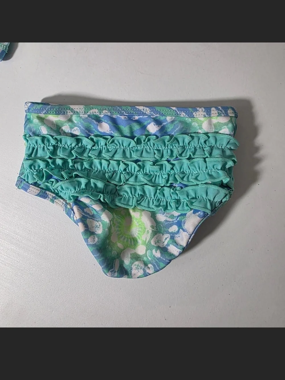 Girls Long-Sleeve Blue & Green Rashguard Swim Set with Ruffle Hem